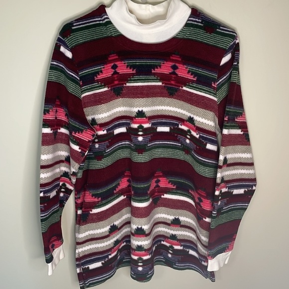 Vintage 90s BLAIR Aztec Fleece Turtleneck Sweater Navajo Southwestern Medium - Picture 1 of 10